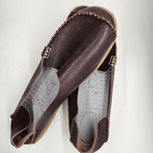 Womens Brown Leather Loafers with Gold Accents